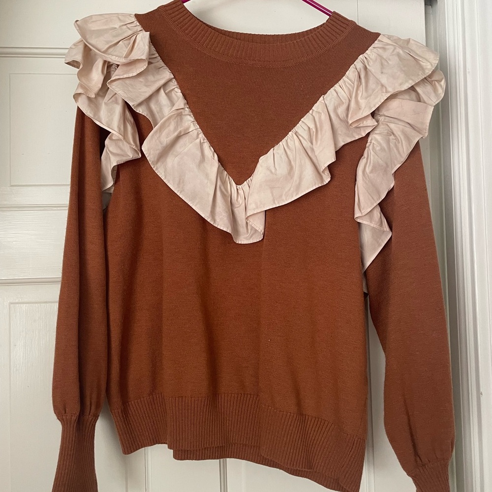 CROSBY by Mollie Burch Brown and Cream Ruffled Crew Neck Sweater
